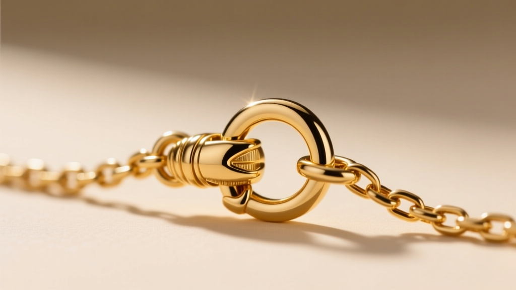 Macro photo of a 14k gold lobster clasp and soldered jump ring on a long chain necklace, revealing the secure connection point