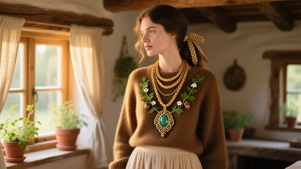 Layered 18-inch Byzantine and 20-inch rope chains with a nature-inspired ornate pendant on a woman in a cozy cottagecore setting.