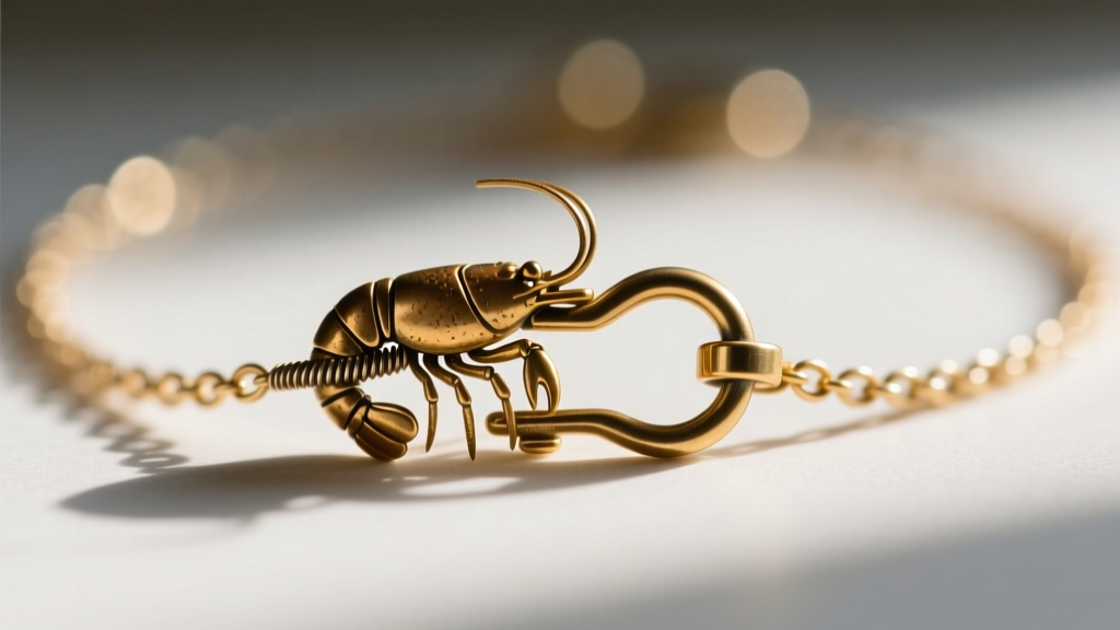 Detailed view of a small brass lobster clasp on a layered necklace, showing the tension spring mechanism and a soldered end loop.