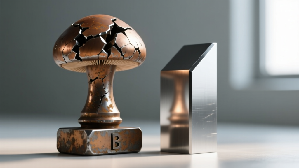 Macro photo of a mushroomed, deformed striking end on a cheap mild-steel letter stamp beside a pristine, hardened alloy die.