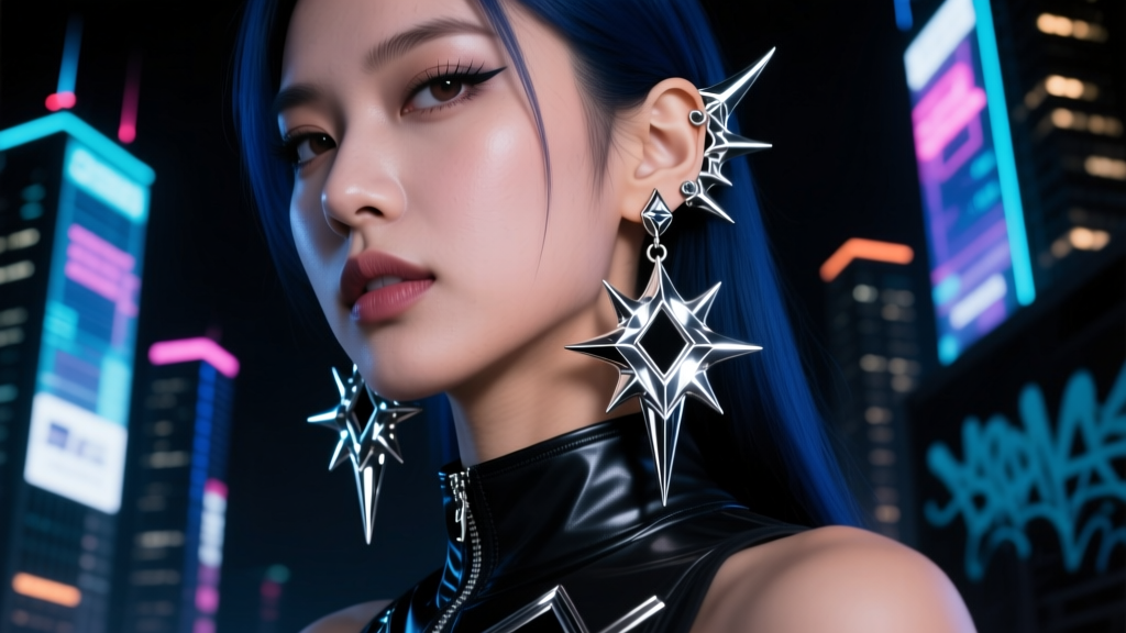 Close-up of heavy spiked silver Zoey Kpop Demon Hunters dangle earrings on a cosplayer, studio lighting, dark cyberpunk background.