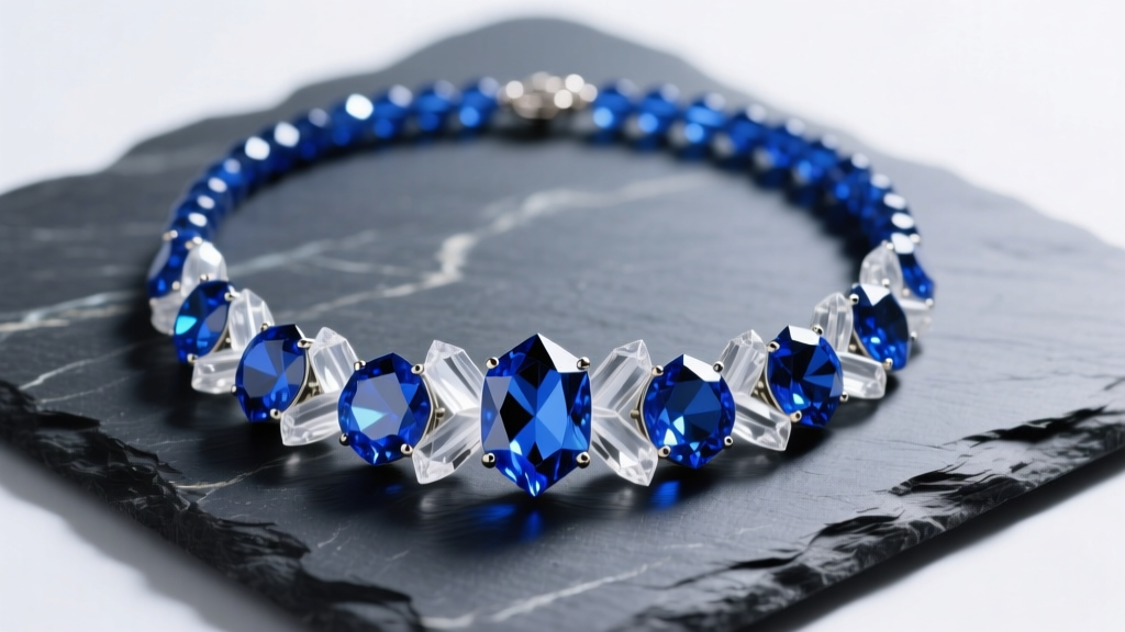 Close-up of faceted necklace crystal beads in sapphire blue and clear quartz on dark slate under soft, directional studio lighting