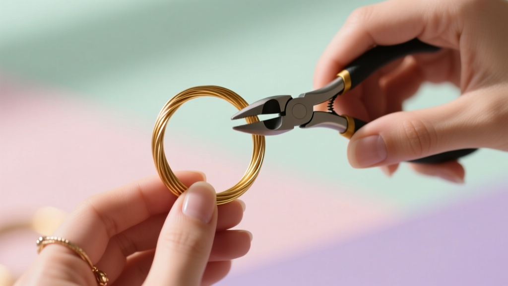 Hands using round nose pliers to form a circular loop in 24-gauge gold-filled wire against a softly blurred pastel background.