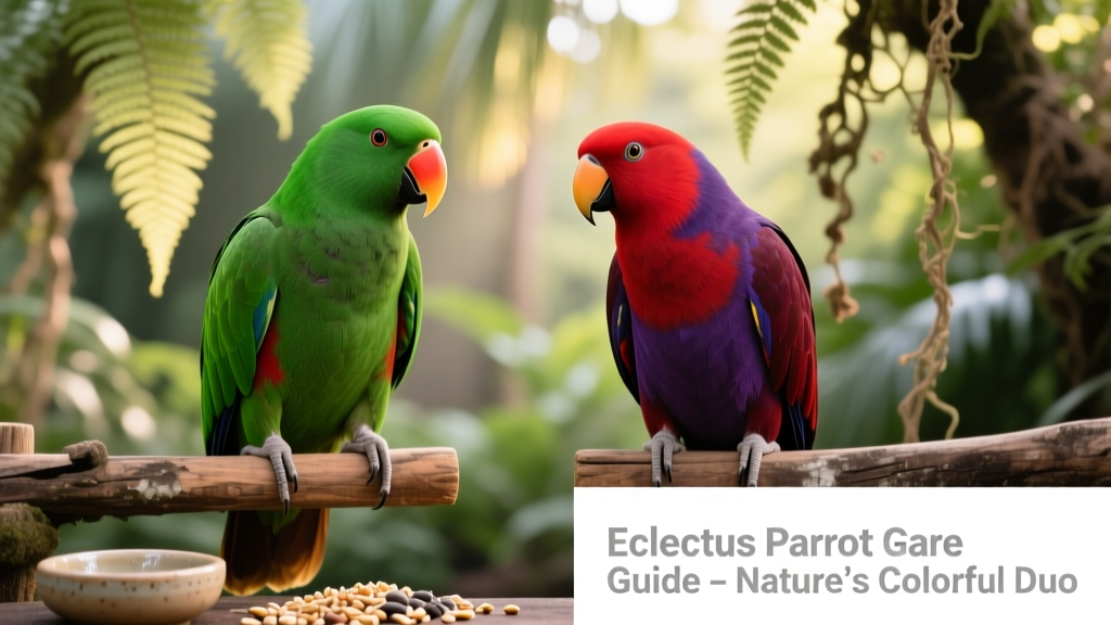 Side-by-side photo showing a male eclectus parrot (bright green) and a female (vibrant red-purple)