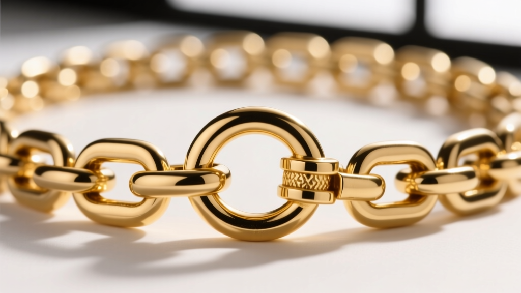 Macro shot of a heavy-duty 14k gold lobster clasp securely attached to a thick soldered jump ring on a chain collar necklace.