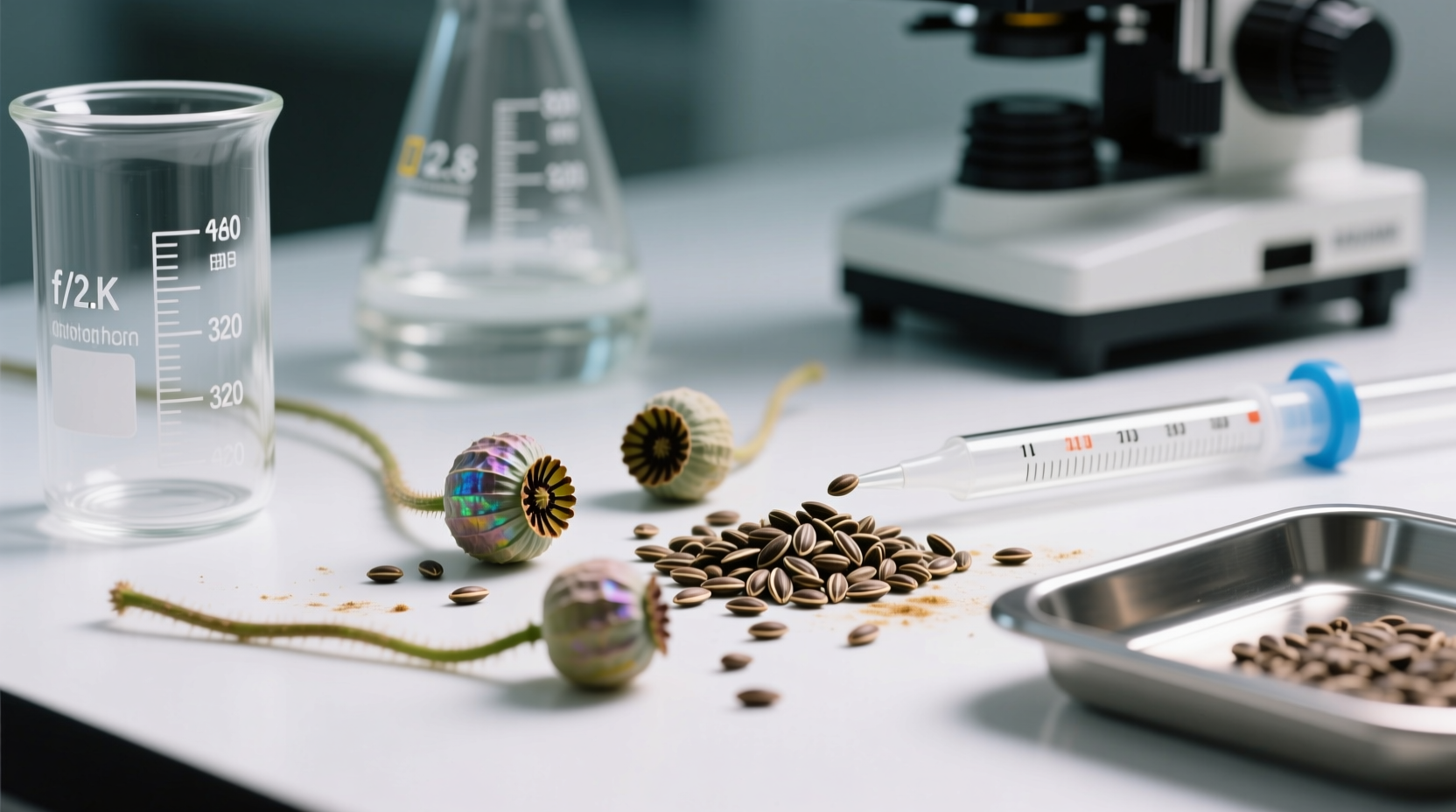 Poppy seeds on laboratory testing equipment