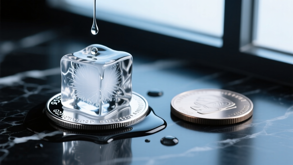 Ice cube melting fast on a 925 sterling silver coin beside a steel coin, showing thermal conductivity in bright studio light