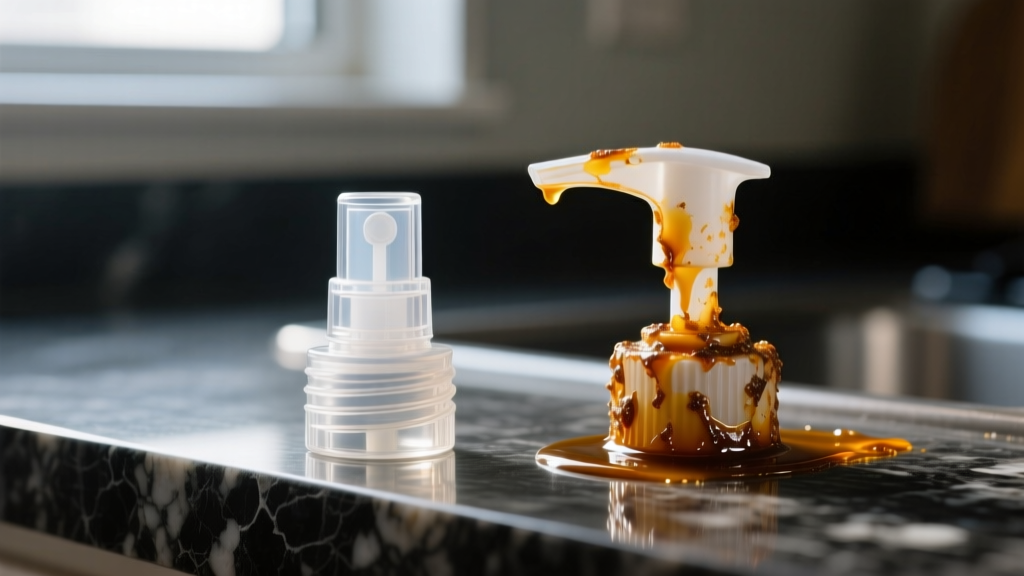 Side-by-side macro shot of an Evo glass oil sprayer nozzle and a clogged oil-crusted plastic pump sprayer tip on a dark granite countertop