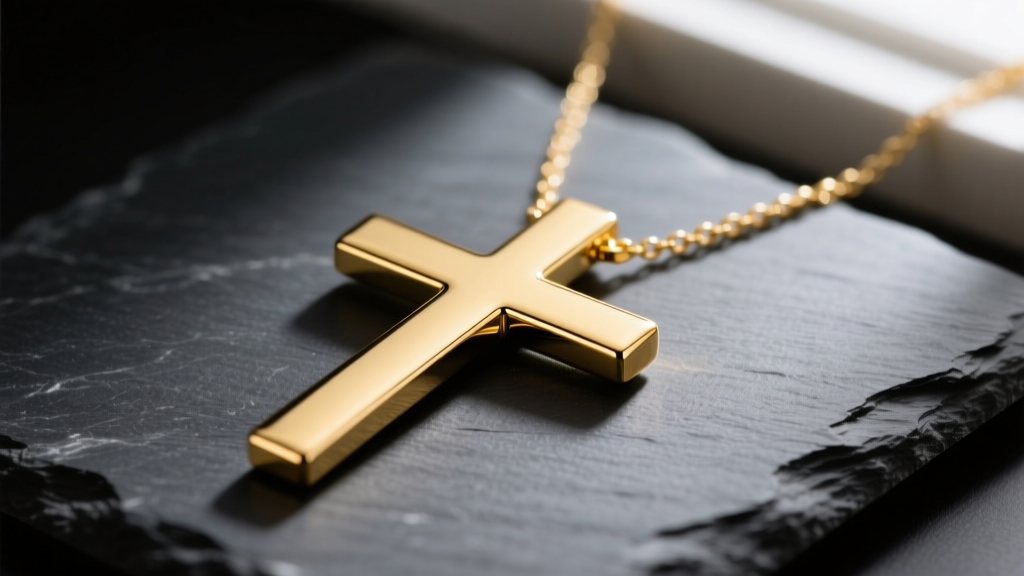 Close-up of a polished 14k yellow gold horizontal crucifix necklace resting on dark slate, highlighting equal-arm cross geometry.