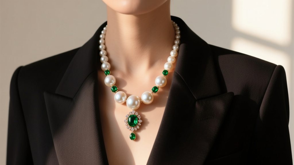 Baroque freshwater pearl and emerald necklace worn over a dark tailored blazer, captured in soft, natural window light.