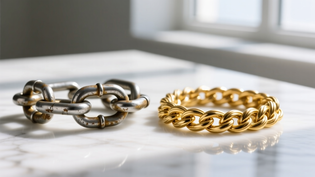 Macro photo comparing a tarnished zinc alloy chain link next to a bright 14k gold-filled rope chain link on a white marble surface