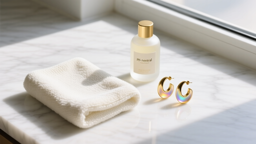 Overhead flat lay of microfiber cloth, pH-neutral soap, and C-shaped golden resin earrings arranged neatly on white marble.