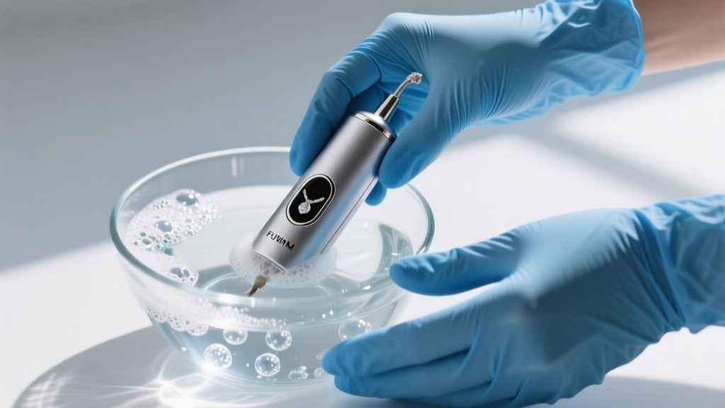 Hands in blue nitrile gloves gently holding a compact ultrasonic jewelry cleaner filled with distilled water and mild soapy suds.