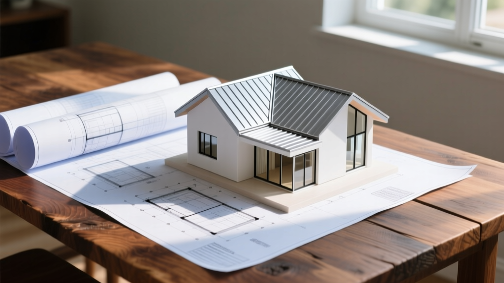 Architectural blueprints spread over a wooden table next to a scale model of a modern 800-square-foot small house with a metal roof
