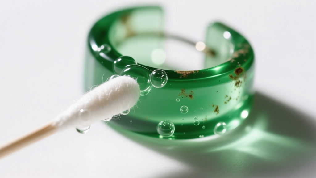 Close-up of a cotton swab cleaning a cloudy 90s translucent green lucite ear cuff with mild soapy water under bright light