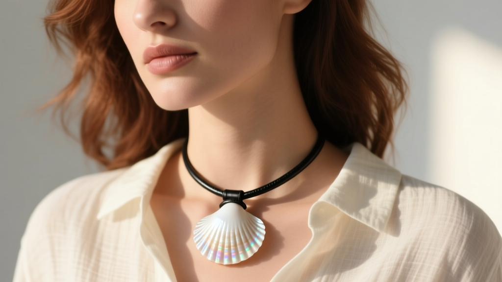 Close-up of a woman wearing a polished white cone shell necklace on a black leather cord against a sunlit linen shirt