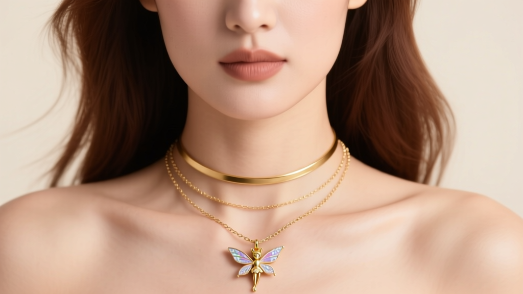 Woman wearing a layered stack with a Tinkerbell pendant on a 16-inch fairy chain, paired with a delicate 14-inch gold choker.