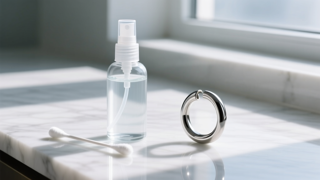 Sterile glass spray bottle of wound wash saline next to a clean cotton swab and a titanium huggie hoop on a white marble surface.