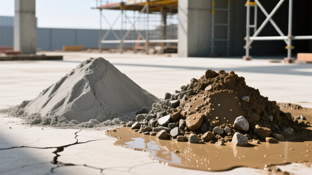 Dry gray cement powder pile next to wet, coarse concrete mix with visible gravel aggregates on a bright construction site