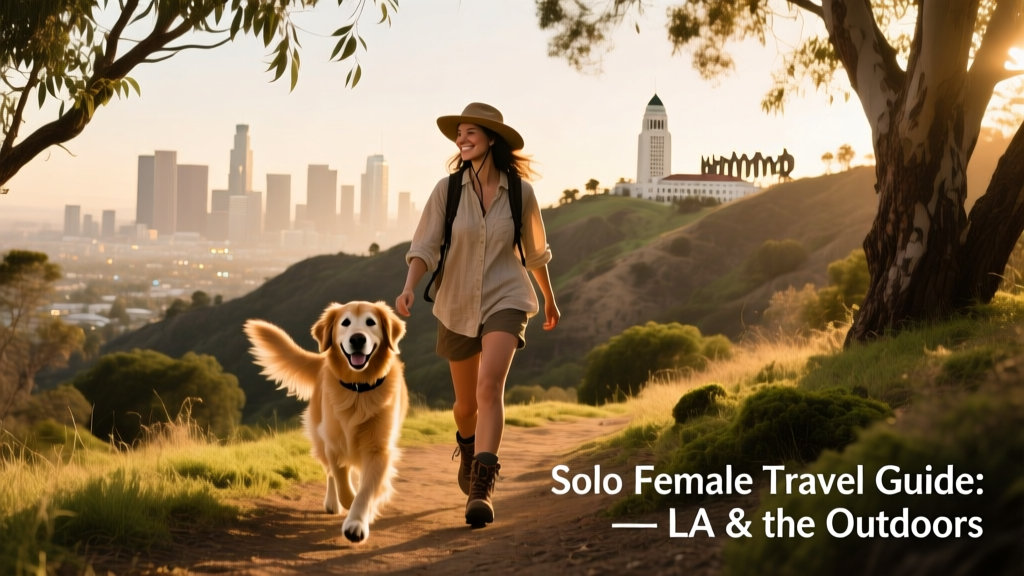 A happy dog and their solo female caregiver walking along a shaded trail in Runyon Canyon with downtown LA visible in the distance