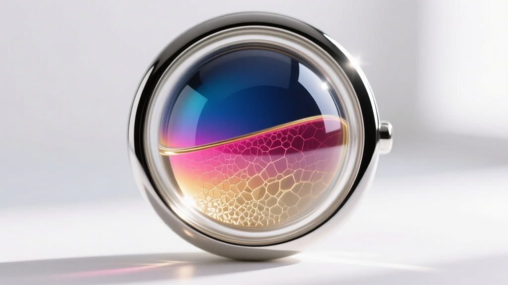 Macro shot of a sealed borosilicate glass mood capsule showing the thermochromic liquid crystal sheet inside a silver bezel.