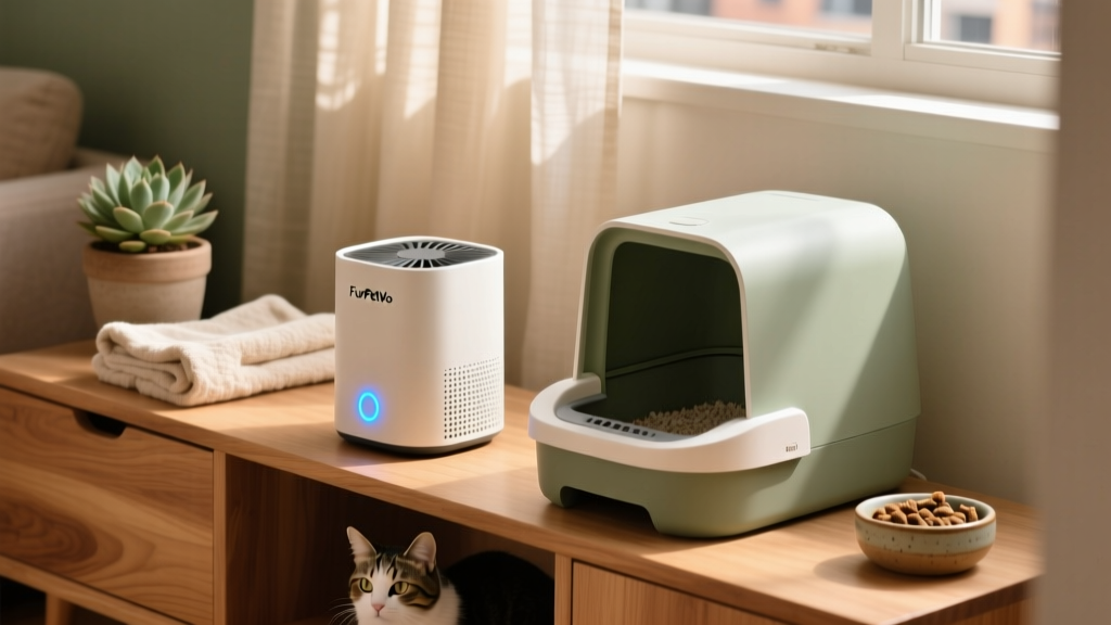 FurPetVo 7-inch air purifier sitting discreetly on a low shelf next to a sleek, modern litter box