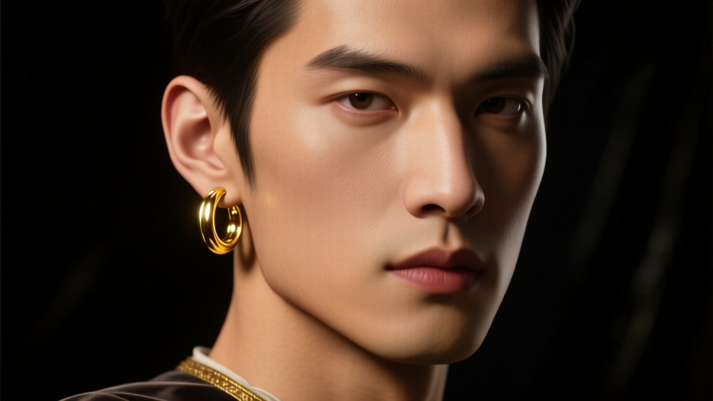 Male model wearing a single 18k gold hoop earring in his left ear, lit by dramatic chiaroscuro Renaissance-style portrait lighting