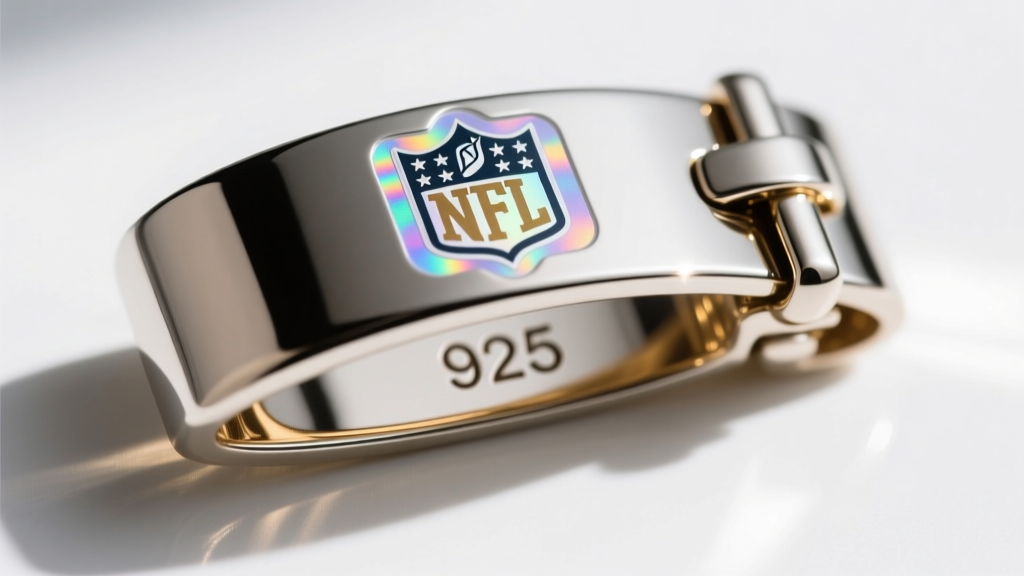 Macro shot of a jewelry clasp showing an NFLPA hologram sticker and a laser-etched 925 sterling silver stamp on the metal tag