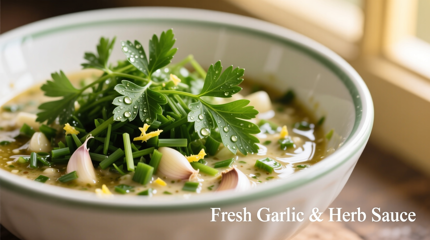 Fresh garlic and herb sauce in a white bowl with sprigs of parsley