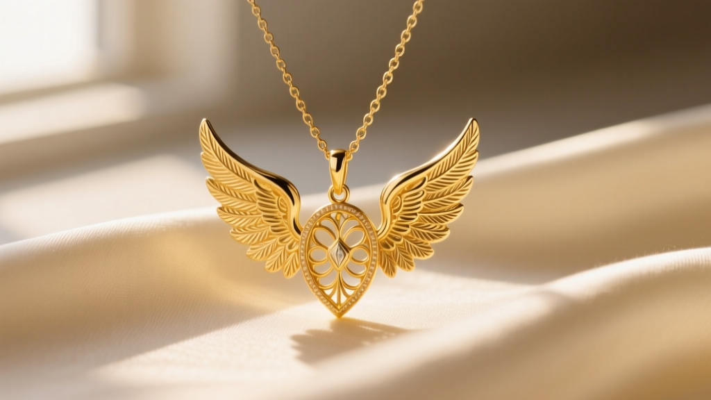 Macro shot of 14k yellow gold angel necklace wings pendant on cream silk, illuminated by soft, warm natural window light.