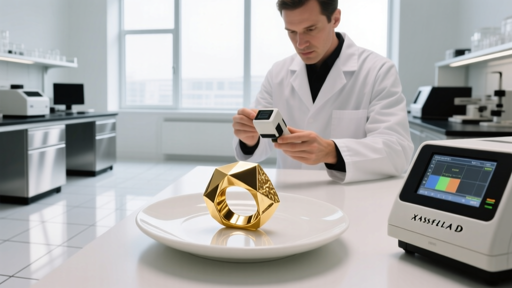 Jeweler using an XRF spectrometer to test a brutalist art gold ring on a white ceramic plate in a bright, modern gemological lab