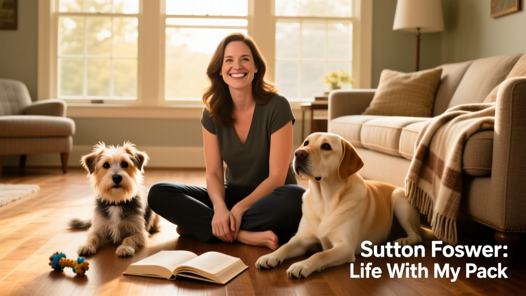 Sutton Foster smiling with Mabel and Brody sitting beside her on a sunlit living room floor