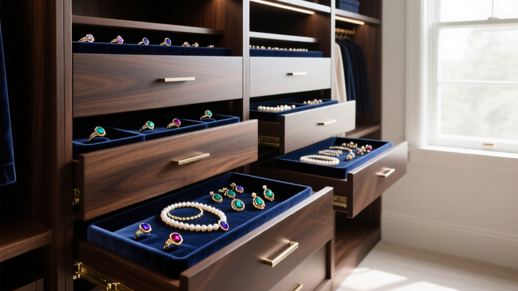 Towering dark walnut huge jewelry armoire in a bright closet, several drawers pulled out revealing plush navy velvet jewelry trays