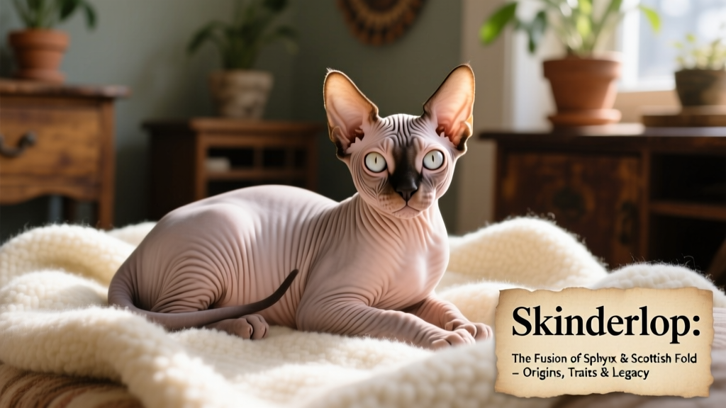 Skinderlop kitten resting on a soft blanket, showing wrinkled skin texture and expressive folded ears