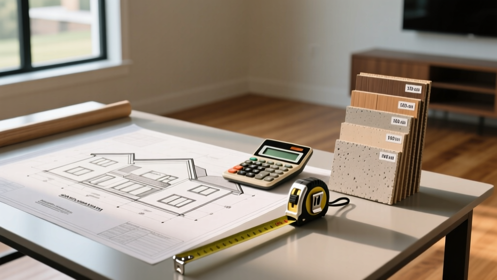 1500 sq ft house blueprints on a drafting table next to a calculator, tape measure, and stacked fiber cement siding samples