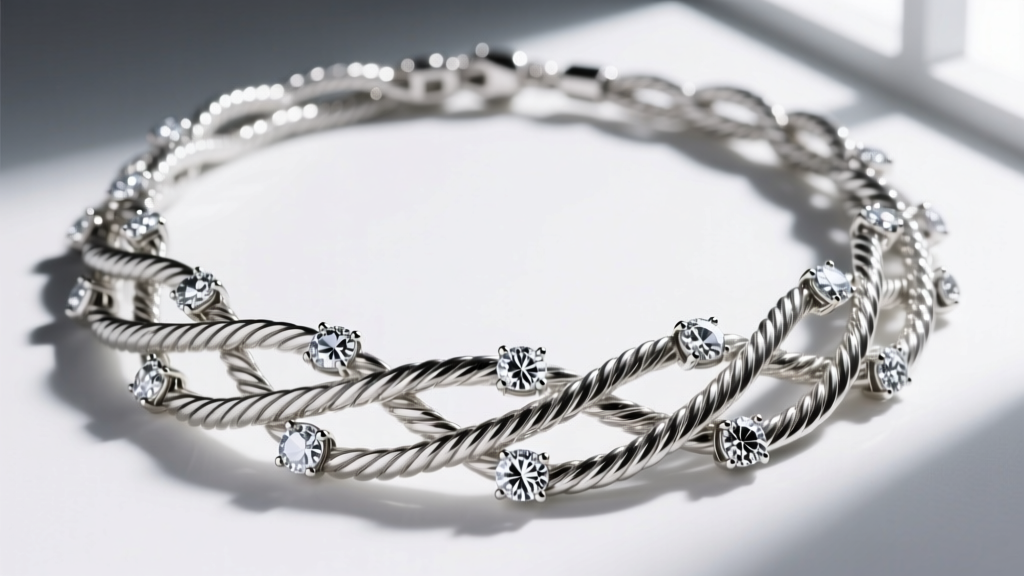 Close-up of a multi-strand Judith Ripka necklace with twisted sterling silver rope chains and round-cut diamonique station stones