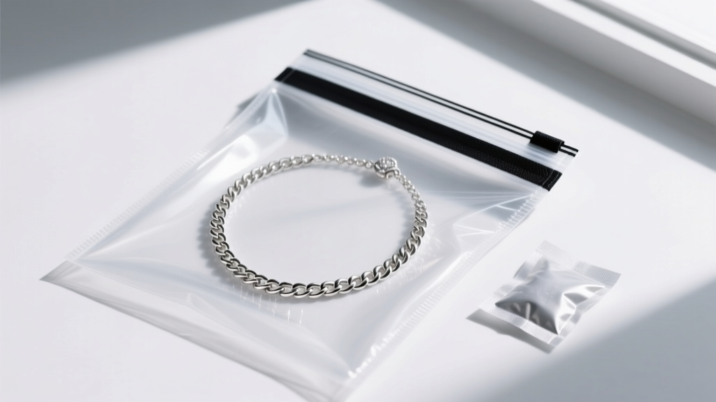 Siam sterling chain necklace stored inside an airtight bag with a black anti-tarnish strip and a small silica gel packet.