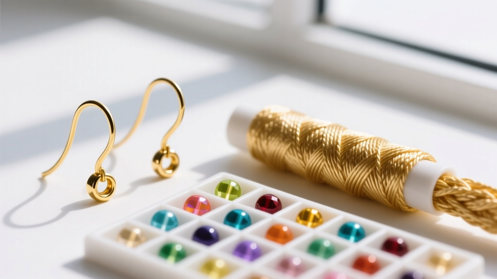 Macro shot of 14k gold-filled 22-gauge ear wires and 6lb braided beading thread next to a grid of Miyuki Delica 11/0 seed beads.