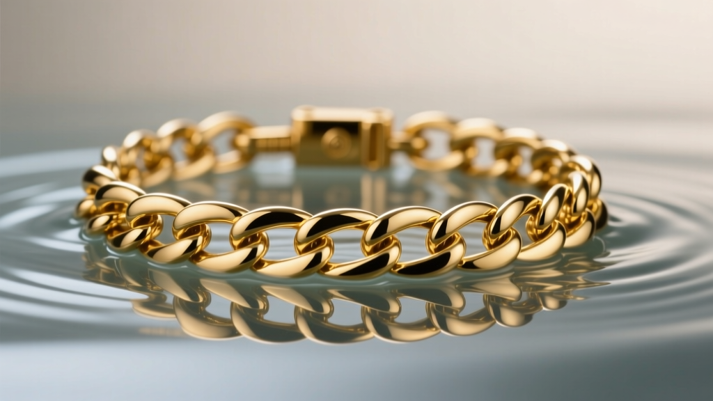 Polished gold-filled chain link bracelet submerged halfway in water, demonstrating the thick mechanical gold bond over brass core.