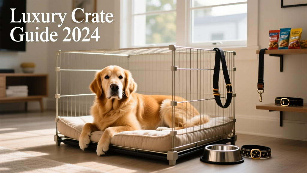 A golden retriever resting calmly inside a spacious wire crate with a soft bed and water bowl