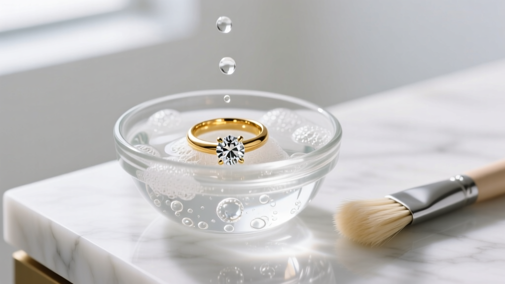 Overhead shot of a gold diamond ring soaking in a glass bowl of soapy water beside a soft brush on a marble counter.