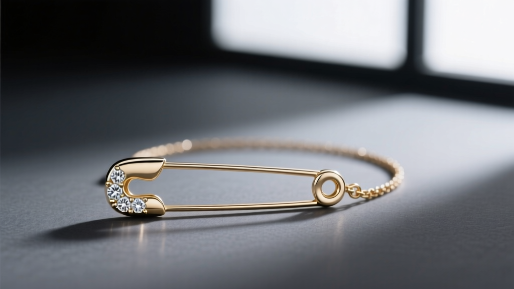 Side profile of a diamond safety pin necklace in 18k white gold, resting on a matte charcoal background in a dim studio setting.