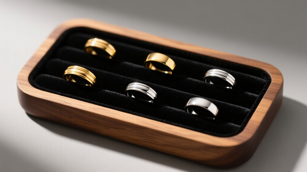 Top-down view of a wooden ring jewelry holder lined with dark velvet, showing gold and silver bands under soft, warm studio lighting