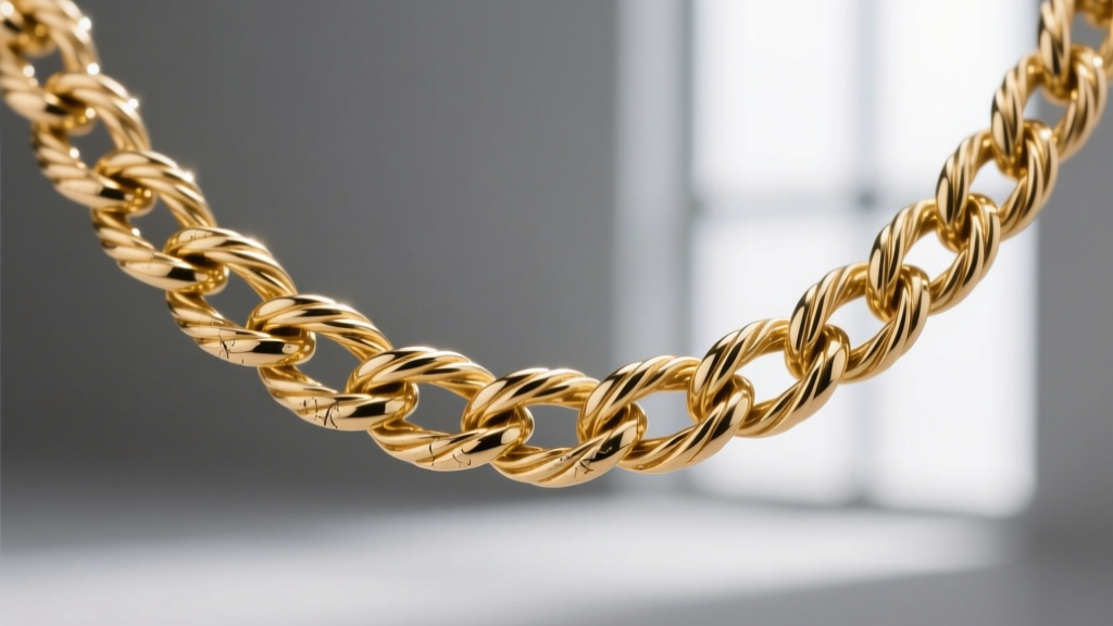 Macro shot of a 1.2mm 14k gold rope chain for a train necklace, showing twisted links and a high-polish metallic finish