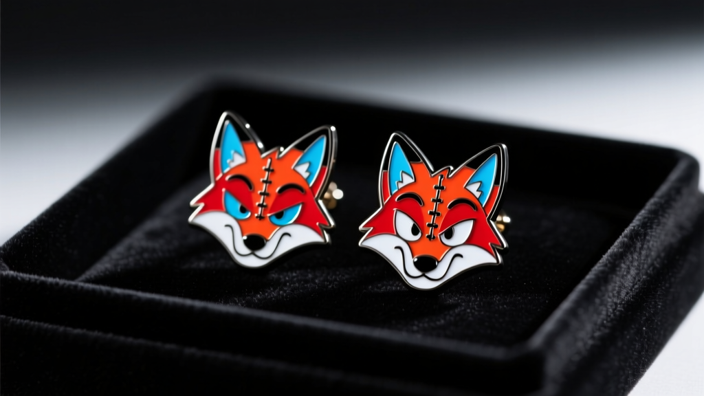 Handmade FNAF Foxy character shrink plastic stud earrings resting on a black velvet tray under bright studio lighting