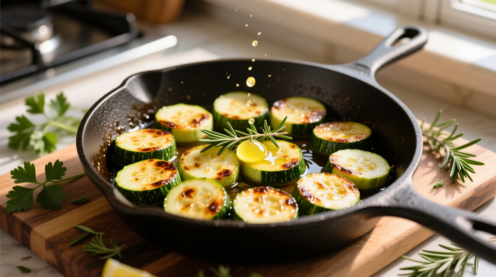 Perfectly sautéed zucchini in a skillet