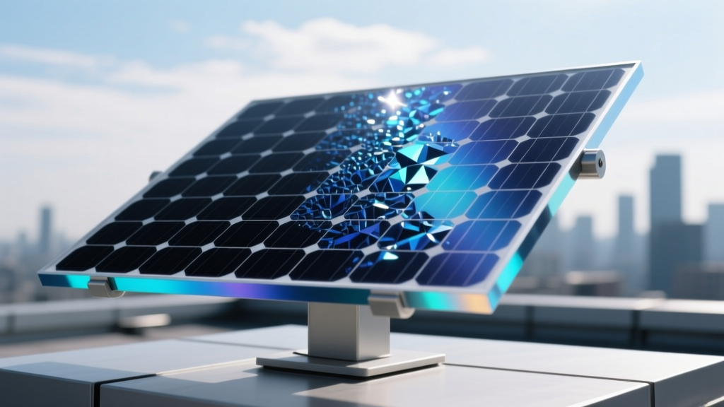 Macro shot of a perovskite solar panel texture reflecting sunlight with an iridescent blue-black hue on a rooftop mount.