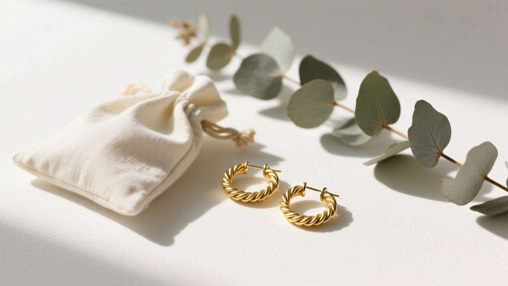 Flat lay gift wrapping scene with a small linen pouch, dried eucalyptus, and a pair of 15mm twisted rope tiny gold hoop earrings.