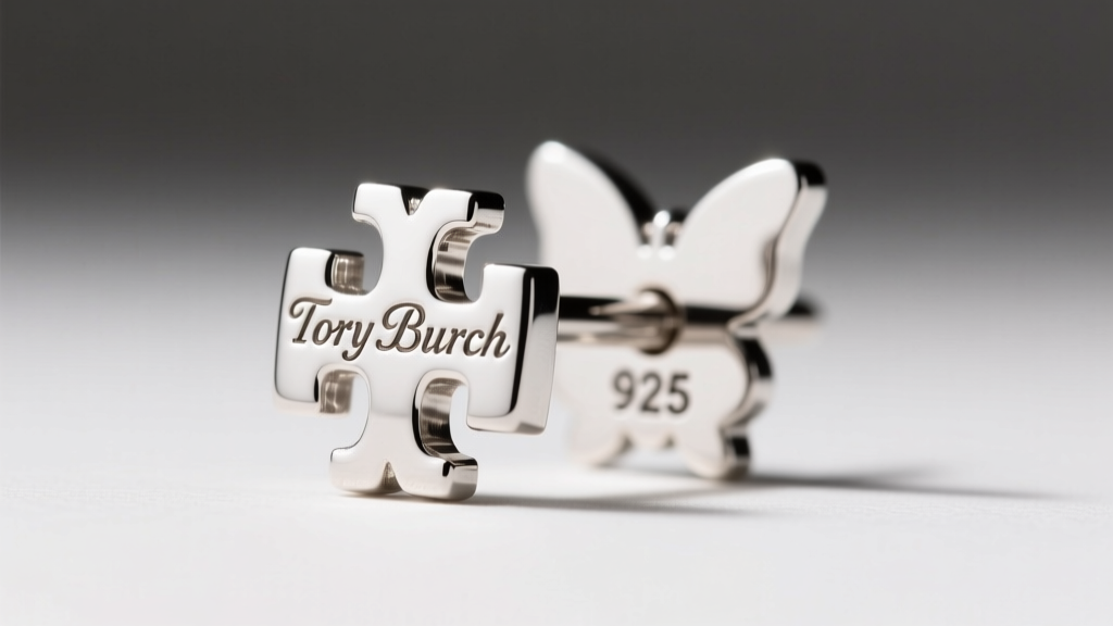 Macro close-up of an earring post and butterfly back showing a 925 sterling silver stamp and a laser-engraved Tory Burch logo mark