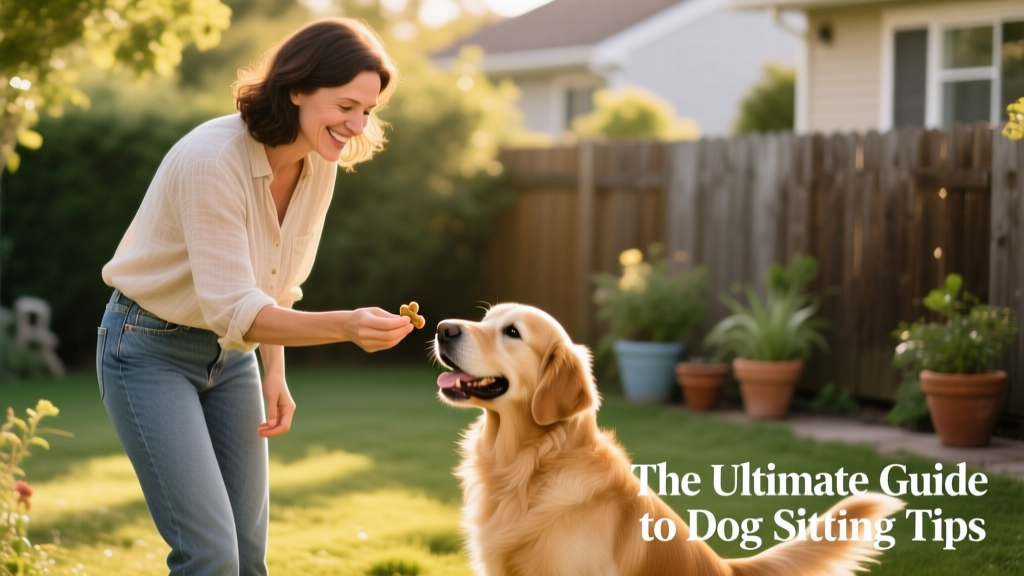 A sitter offering a treat to a curious, happy dog outdoors